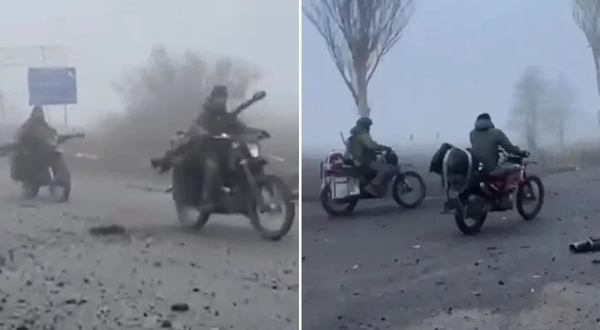 Rosjanie wjeżdżają do Pokrowska na motorach. Gęsta mgła, sceny jak z Mad Maxa